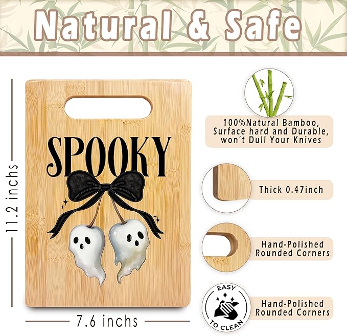 SPBL&L Halloween Ghost Cutting Board, Halloween Gifts for Women, Ghost Kitchen Decor, Coquette Bow Spooky Ghosts Decorative Bamboo Cutting Chopping Board for Kitchen