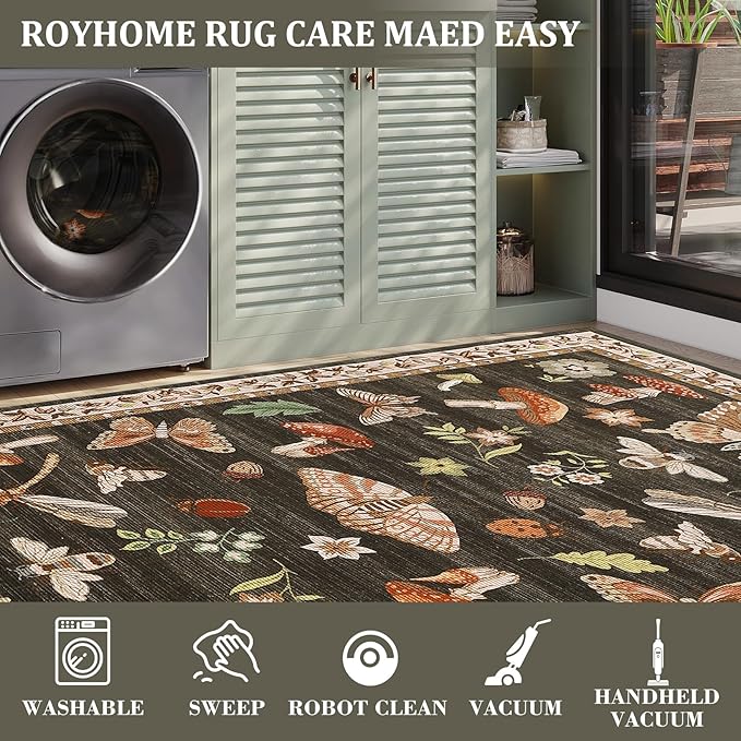 Mushroom 3x5 Area Rug Washable Non-Slip Small Indoor Rugs for Entryway with Rubber Back Soft Low-Pile Stain Resistant Foldable Carpet for Kitchen Bedroom Living Room Mat Brown