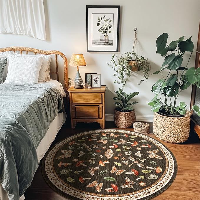 Mushroom Insect 6ft Round Rug Washable Non-Slip Soft Ultra-Thin Boho Circle Carpet for Living Room Bedroom Kitchen Nursery Dining Room Brown