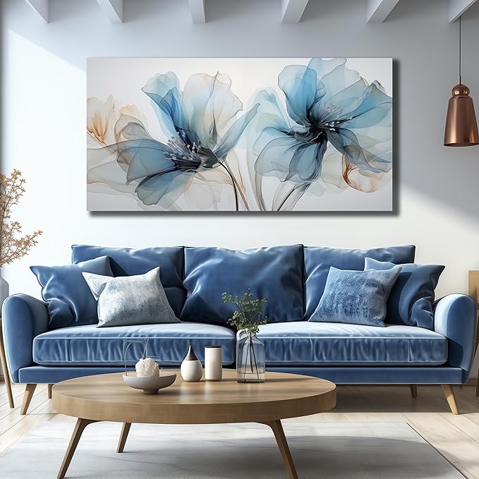 Blue Flower Wall Decor for Living Room Abstract Canvas Wall Art for Office Large Wall Pictures for Dining Room Size 29 x 58 Inch