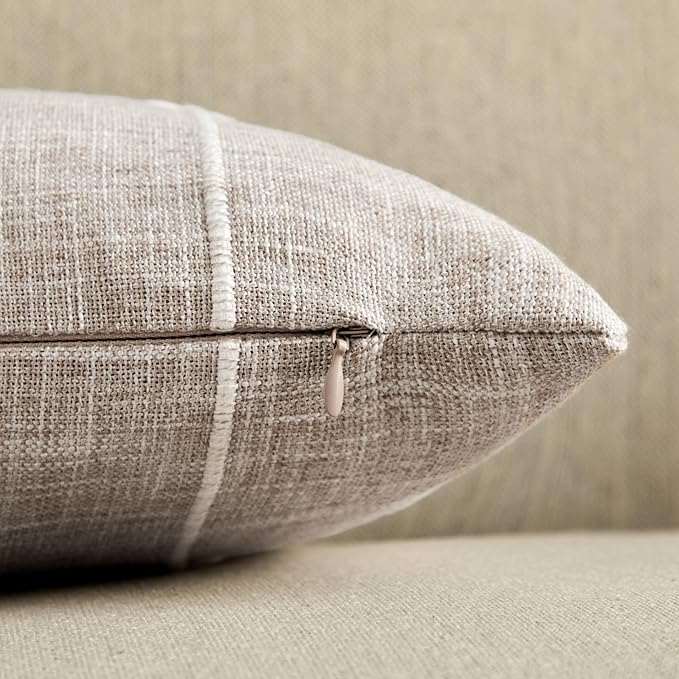 2 Packs Grid Embroidery Throw Pillow Covers, 20x20 Inch Taupe, Farmhouse Linen Decorative Light Brown Cushion Covers for Sofa Bed Living Room Home Decor