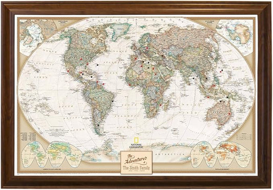 Canvas Executive World Map Pin Board – Framed Travel Map with Pins for Wall – Personalized Push Pin World Map for Tracking Journeys – 27.5" x 39.5" Brown Frame