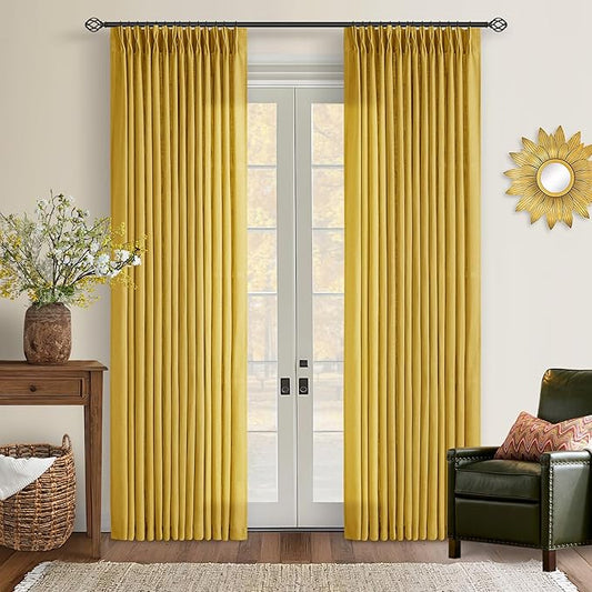 80 Inch Pinch Pleated Linen Curtains 2 Panels for Living Room Bedroom Boho Farmhouse Mustard Yellow Semi Sheer Back Tab Pinch Pleat Hooks Rings Window Curtain Harvest Gold Yellow Spring Decor