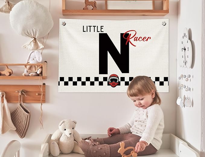 Toddler Boy Room Wall Decor,Name Sign Banner for Personalized Baby Boy Christmas Gifts,Little Racer Canvas Banner for Nursery Toddler Little Boy Bedroom Playroom,Initial N Gift,20x30 in