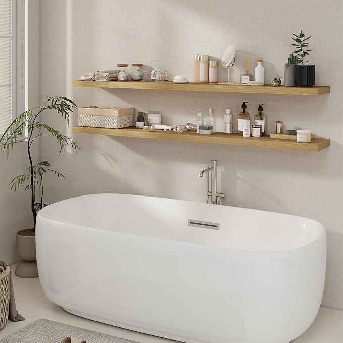 Fun Memories 72 Inch Floating Shelves for Wall, 8 Inch Deep Floating Shelf, Large Shelves with Invisible Bracket for Books|Storage, Rustic Wood Wall Shelf for Bedroom, Kitchen, Living Room, Oak