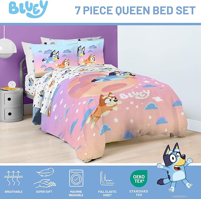 Jay Franco Bluey & Bingo Queen Comforter Set - 7 Piece Bedding Includes Sheet Set & Pillow Covers - Super Clouds & Stars Cozy Bedding