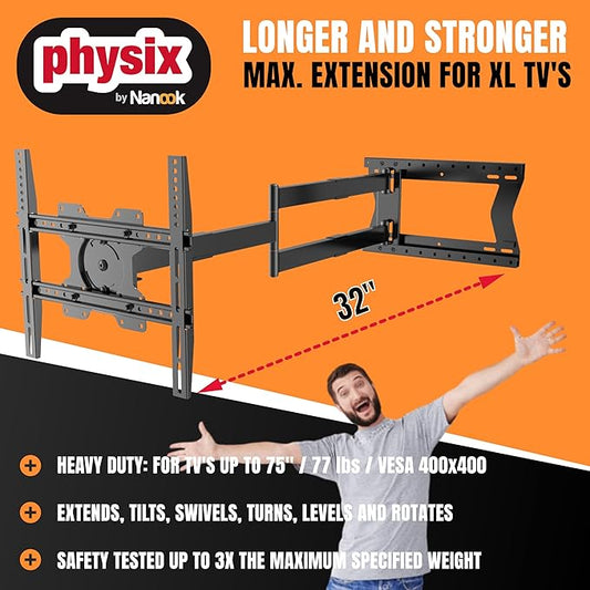Physix 2080 Long Arm TV Wall Mount for 32-75'' Screens, Extension 32'', Heavy-Duty Max 88 lbs - Full Motion, Tilting & Swiveling, Max VESA 400x400