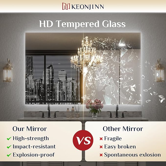 Keonjinn 55 x 30 Inch LED Bathroom Mirror with Backlit, Anti-Fog Vanity Mirror, CRI90+ HD Tempered Glass, Stepless Dimmable, High Lumen, UL Listed, IP44 Waterproof, Horizontal/Vertical
