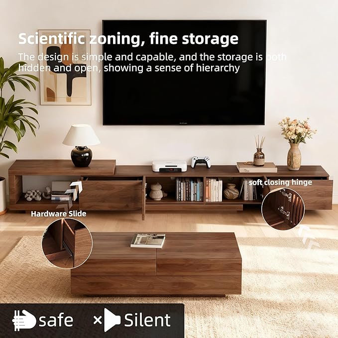 94.48" Mid Century Modern TV Stand for TVs up to 70"-90",Tv Console with 4 Storage Cabinets, Media Furniture for Living Room or Bedroom,Walnut (70.87“) (78.54“ to 103")