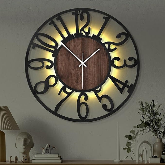 24'' Silent Wall Clock with Night Light, Glow in The Dark Decorative Wall Clock Battery Operated, Rustic Modern Metal & Wood Clocks for Bedroom Living Room Decor, Arabic Numerals
