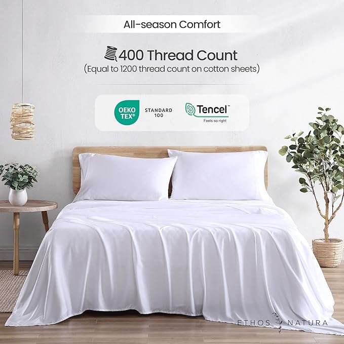 100% Eucalyptus Tencel Lyocell Sheet Set, Silky Soft & Smooth Cooling Sheets for All-Season, Sustainably Made, Moisture-Wicking, Hypoallergenic - Queen, White