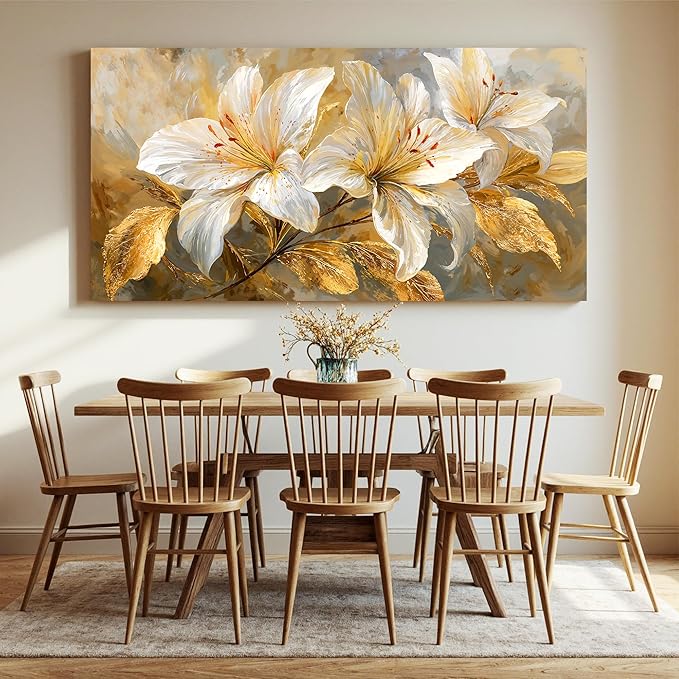Canvas Wall Art Decor White Flower large wall art Decor For Living Room Gold Botanical Wall Art Decor Modern Aesthetics Wall Art Paintings Prints For Home Bedroom Office Room Wall Decor 24×48 Inch