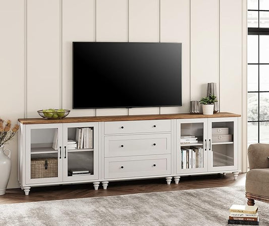 WAMPAT TV Stand for 100 Inch TV, 3-in-1 TV Console Table for 75/80/85/90 Inch TV, Entertainment Center with Glass Door & Drawer for Living Room, Kitchen Sideboard Buffet Cabinet for Dining Room, White