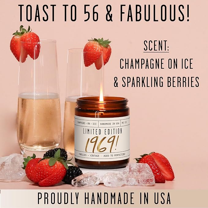 56th Birthday Gifts for Women - 'Limited Edition 1969' Soy Candle, w/Champagne on Ice I 56 Birthday Gifts for Women I 56th Gift for Her Ideas I 9oz Reusable Jar, 50Hr Burn, Made in USA