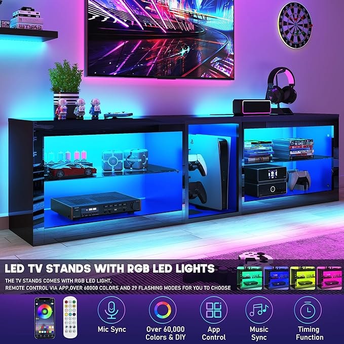 Vinctik 6&Fox 71inch Large High Gloss LED TV Stands w/Power Outlet,60,000-Colors Lighting for 70 75 80inch TV,Modern Black LED Entertainment Center w/Adjustable Glass Shelves for Living Room Gameroom