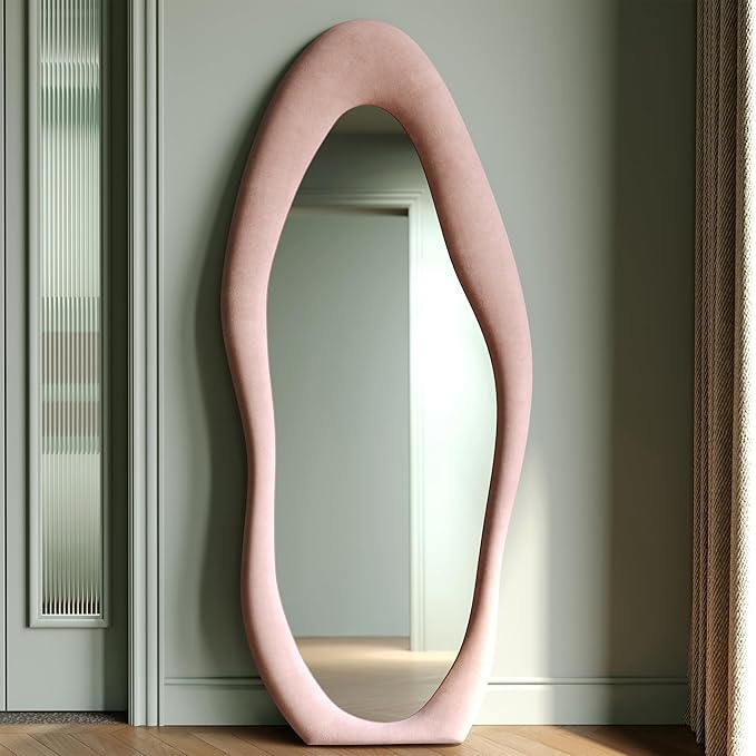 Honyee Full Length Mirror, 63" x 24" Wall Mirror, Flannel Wrapped Wooden Frame Full Body Mirror, Irregular Wavy Mirror Hanging or Leaning Against Wall for Cloakroom/Bedroom/Living Room, Pink