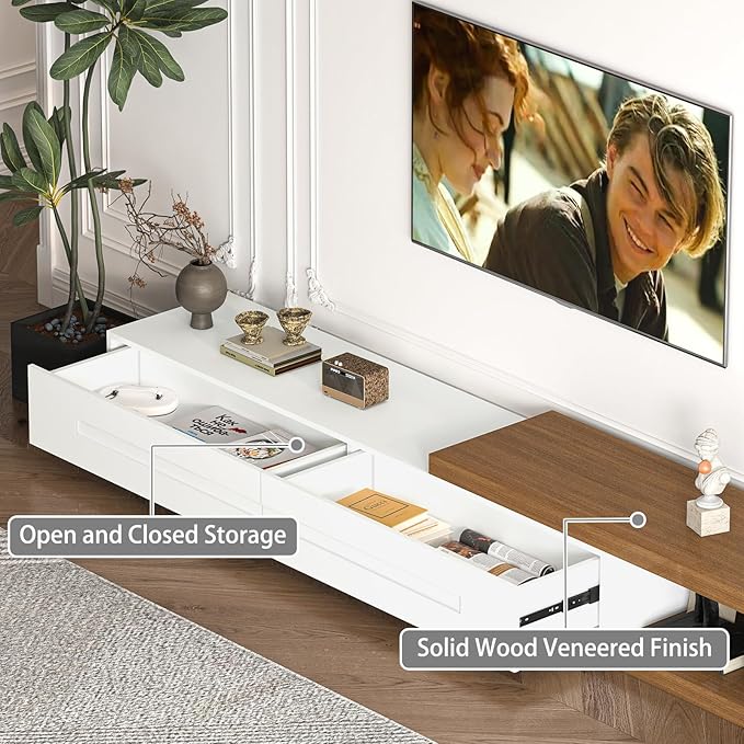 82-110" Extendable TV Stand, Wood Reversible Media Console with 2 Drawers, Modern Entertainment Center for Up to 120 Inch TV for Living Room Bedroom, White& Walnut