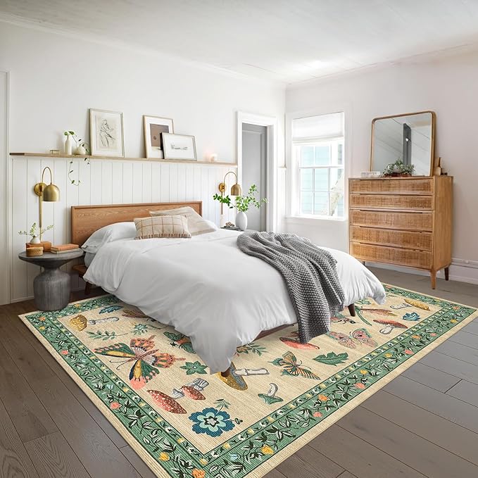 Mushroom Insect Washable Rug 5x7 Area Rugs for Bedroom Non Slip with Rubber Back Low Pile Stain Resistant Butterfly Carpet for Living Room Nursery Kitchen Dining Room Khaki Green