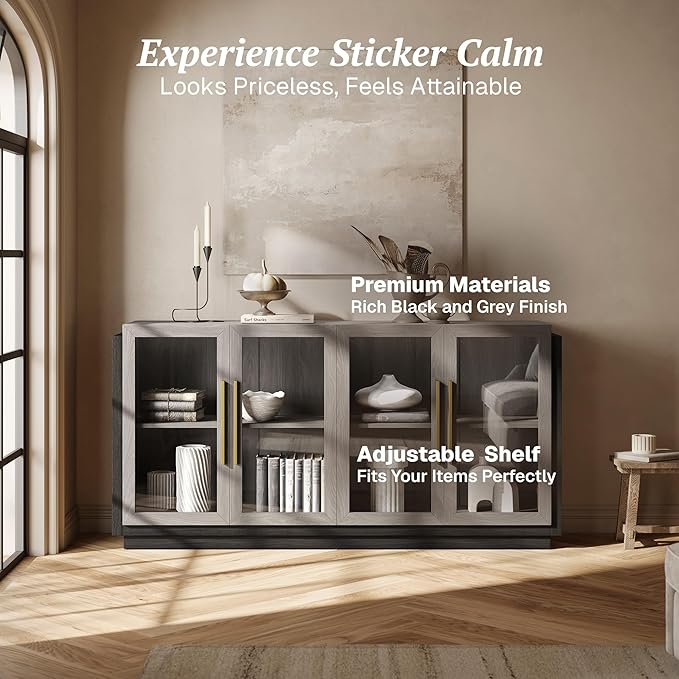 BELLEZE Sideboard Buffet Cabinet, Modern Wood Glass-Buffet-Sideboard with Storage, Console Table for Kitchen, Dining Room, Living Room, Hallway, or Entrance - Brixston (Grey)