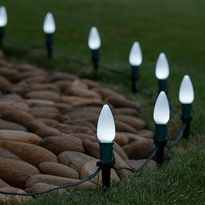 Wintergreen Lighting 25 OptiCore LED C9 Cool White Pathway Christmas Lights, Heavy Duty Vintage Style Bulbs for Driveway, Walkway Marker, 5" Commercial PathPRO Stakes, 18 Gauge Green Wire, 25'