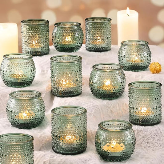 16 Pcs Assorted Green Votive Candle Holders- Glass Tealight Candle Holder for Wedding Table Decor, Green Candle Holders for Christmas, Vintage Party Table Decor