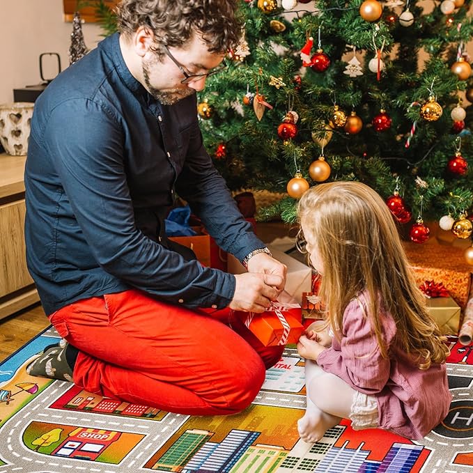 Booom Jackson Kids Rug - 4.9x6.6ft Colorful Non-Slip Traffic Playmat for Playroom & Classroom - Blue Race Track Mat