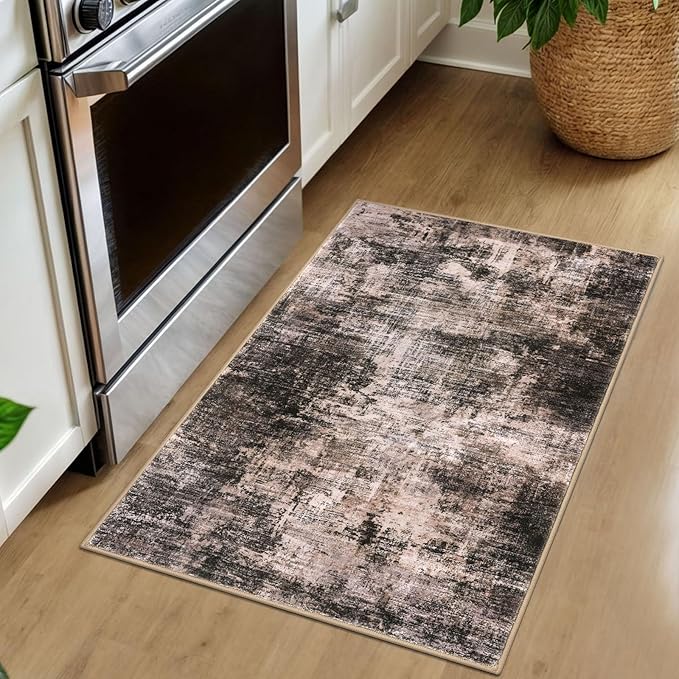 IOHOUZE Small Abstract Area Rug 2x3 Ft Entryway Rugs Washable Door Mat Indoor Entrance, Rubber Backed Throw Rugs, Printed Faux Wool Non Slip Floor Carpet for Foyer Front Door Sink, Brown/Rust