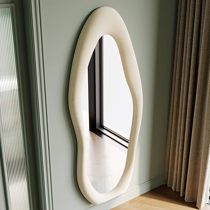 Honyee Full Length Mirror, 63" x 24" Wall Mirror, Flannel Wrapped Wooden Frame Full Body Mirror, Irregular Wavy Mirror Hanging or Leaning Against Wall for Cloakroom/Bedroom/Living Room, Ivory White