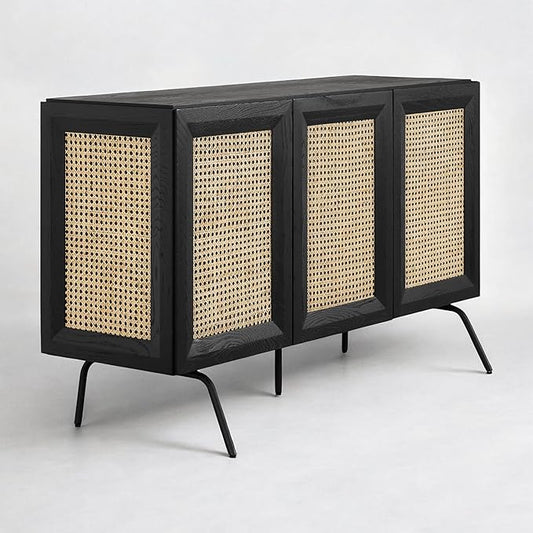 NTC MOSSIC Modern Sideboard with 3 Doors, Natural Rattan Storage Cabinet, Buffet with Metal Legs, Boho Accent Cabinet for Living Room, and Entryway, Effortless Assembly - Burnt Black