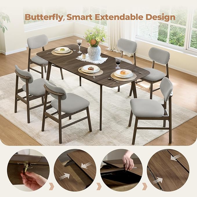 CHITA 59"-75" Extendable Dining Room Table for 4-6, Modern Wood Dining Table for Small Spaces, Kitchen, Space Saving Hidden Leaves, Solid Rubberwood Frame, Walnut Venner