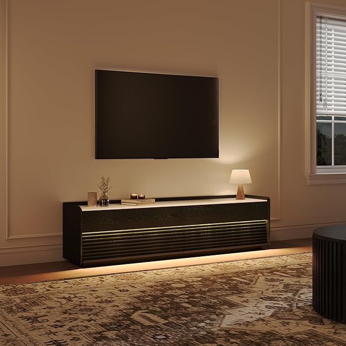 POVISON Fully-Assembled Mid Century Glossy Sintered Stone TV Stand, 70.87" Wood Media Console with Adjustable LED Light, Entertainment Center with Storage for Living Room