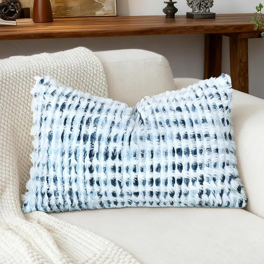 Boho Chenille Tufted Pillow Cover 12x20 Inch Set of 1, Farmhouse Striped Decorative Pillow Covers Accent Fluffy Neutral Lumbar Pillowcases for Couch Sofa Bedroom Living Room, Blue White