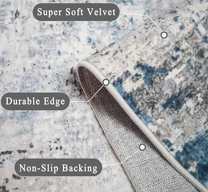 vivorug Washable Rug, Ultra Soft Area Rug 4x6, Non Slip Abstract Small Rug, Stain Resistant Rugs for Living Room Bedroom, Modern Fluffy (Gray/Navy, 4'x6')