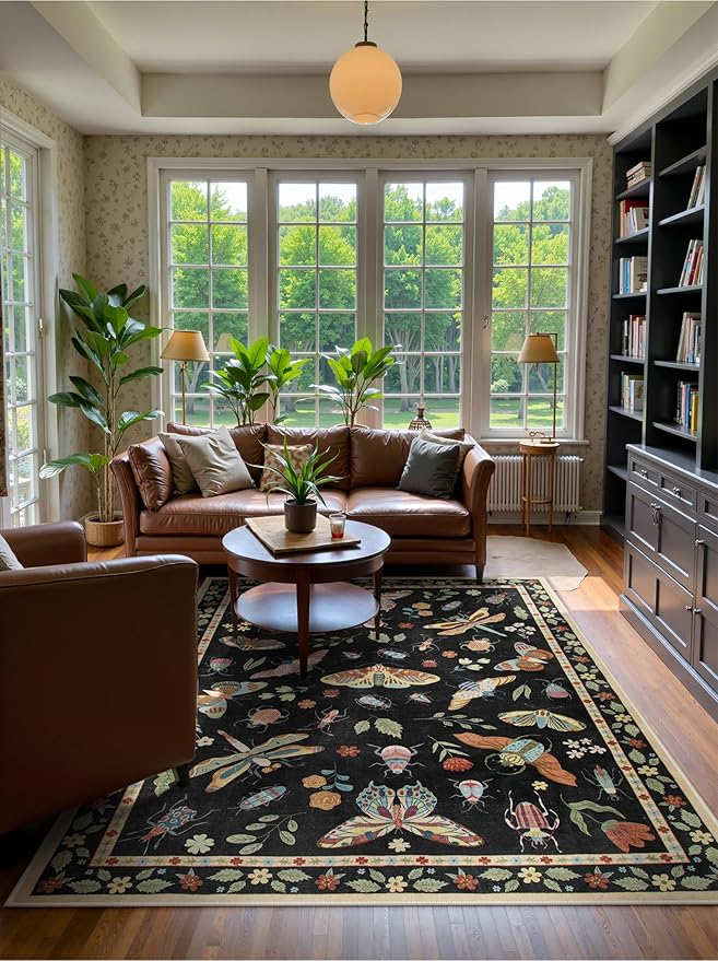 Lahome Insect 5x7 Area Rugs for Living Room, Soft Washable Rugs for Bedroom Ultra-Thin Non Slip Black Rug, Stain Resistant Throw Rug Carpet for Office Nursery Dining Room(5'x7',Black)