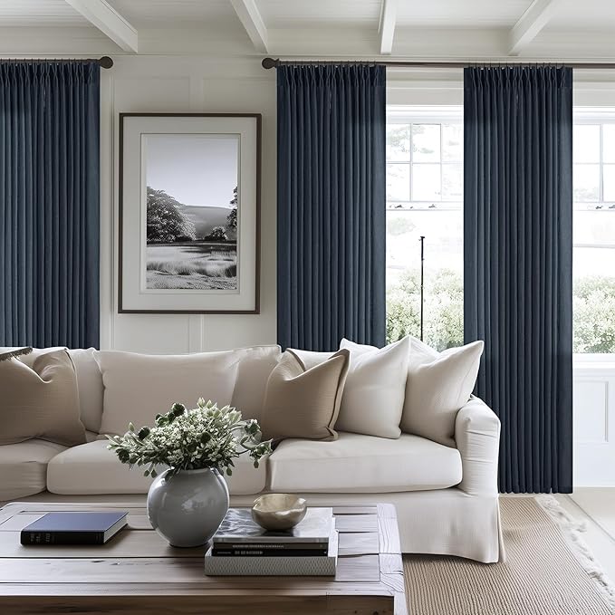 80 Inch Pinch Pleated Linen Curtains 2 Panels Set for Living Room Bedroom Boho Farmhouse Light Filter Navy Blue Indigo Semi Sheer Back Tab Pinch Pleat with Hooks Rings Window Curtain 80 Inches Long