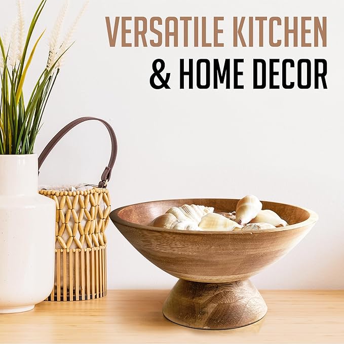 Brown Pedestal Bowl - 10 Inch, Wide Brown Footed Bowl as Fruit, Key, Decorative, Candy Holder or Centerpiece, Wooden Bowl Decorative for Kitchen, Dining Table & Modern Home Accessories