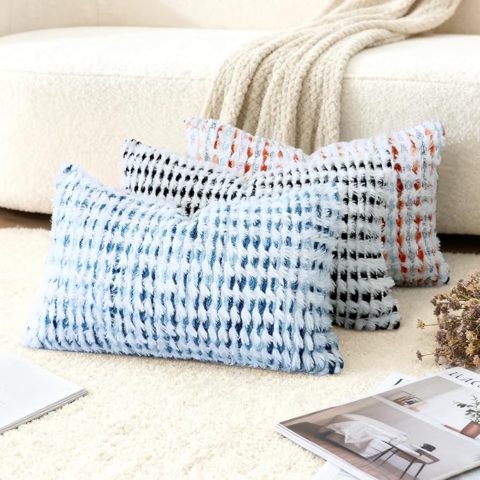 Boho Chenille Tufted Pillow Cover 12x20 Inch Set of 1, Farmhouse Striped Decorative Pillow Covers Accent Fluffy Neutral Lumbar Pillowcases for Couch Sofa Bedroom Living Room, Blue White
