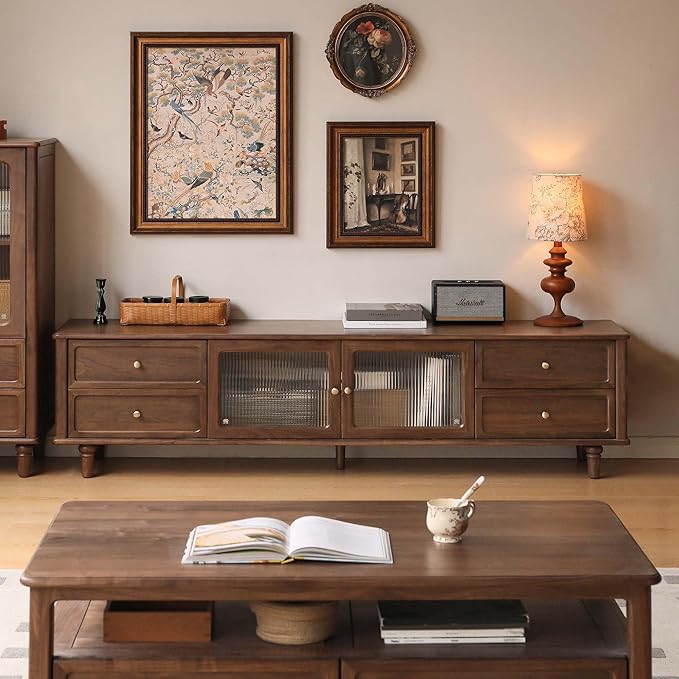 YESWOOD 78.74" L Solid Walnut Wood TV Stand & Side Cabinet, Mid Century Modern Media Console Entertainment Center Table with Storage, Living Room Cabinet with Glass Door & Adjustable Shelf & Drawers