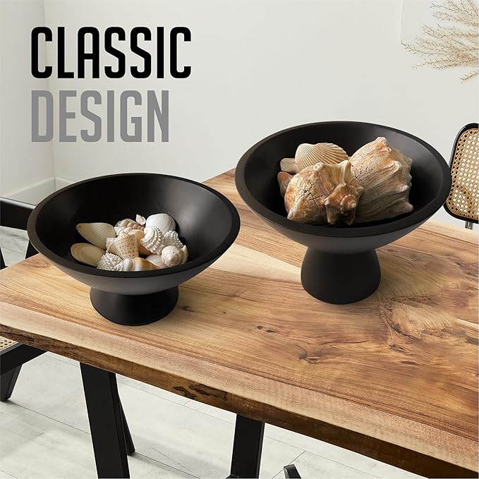 Black Pedestal Bowl - 8 Inch, Wide Black Footed Bowl as Fruit, Key, Decorative, Candy Holder or Centerpiece, Wooden Bowl Decorative for Kitchen, Dining Table & Modern Home Accessories