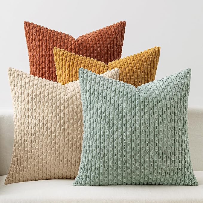 MIULEE Throw Pillow Covers Soft Couch Decorative Set of 4 Boho Striped Cushion Covers Corduroy Pillowcases Farmhouse Accent Home Decor for Couch Bed Sofa Living Room 18x18 Inch Teal-Rust