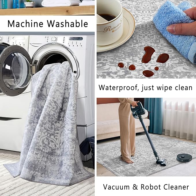 vivorug Runner Rug 2'x7' Vintage Washable Non-Slip Runners for Hallways Kitchen Entryway Laundry Room Carpet Hallway Runner Ivory/Silver