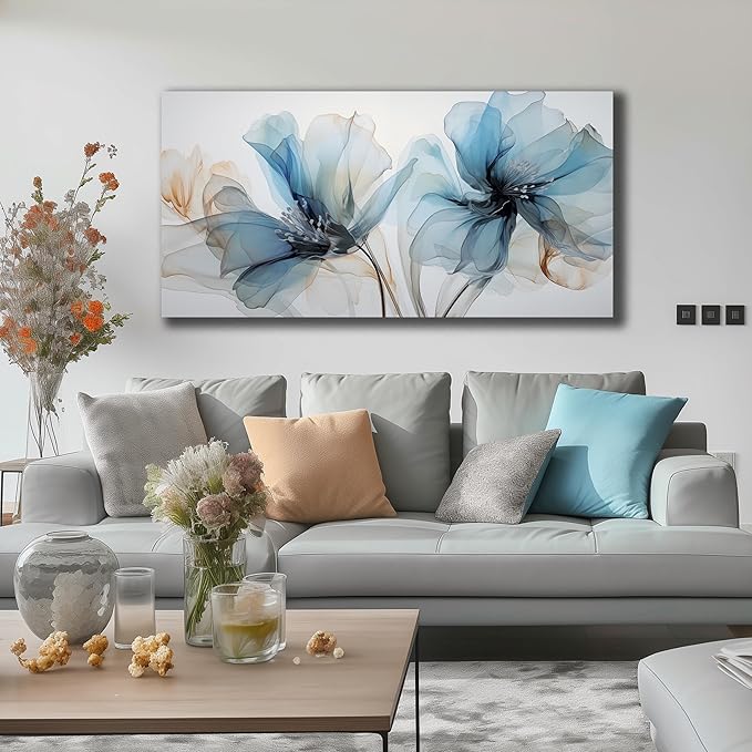 Floral Canvas Wall Art for Office Big Wall Decor for Bedroom Women Blue and White Wall Decor for Living Room Size 24 x 48 Inch