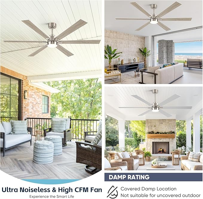 66 Inch Smart Ceiling Fan with Light, Large Modern Industrial Ceiling Fan with Remote/APP/Alexa Control, High CFM Quiet DC Indoor Outdoor Ceiling Fans for Patios Living Room Bedroom, Nickel & Oak