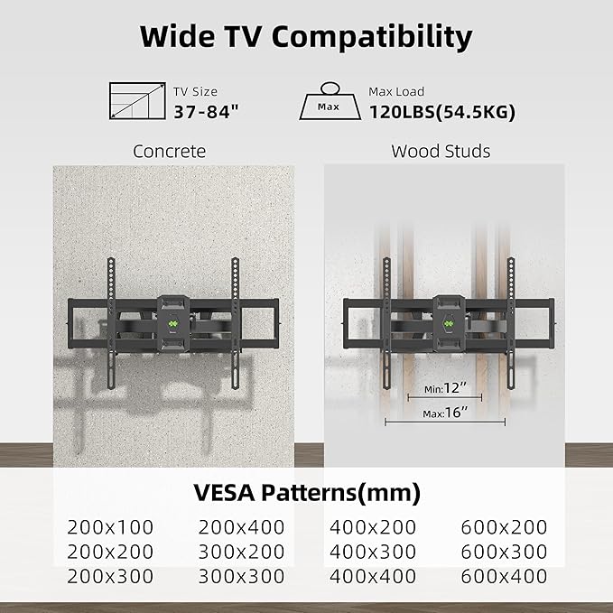Full Motion TV Wall Mount for Most 37"-84" Flat Screen TV, Swivel or Tilt Wall Bracket with Dual Articulating Arms, for 12"-16" Wood Studs, Max VESA 600x400mm, Load 120 lbs by USX MOUNT