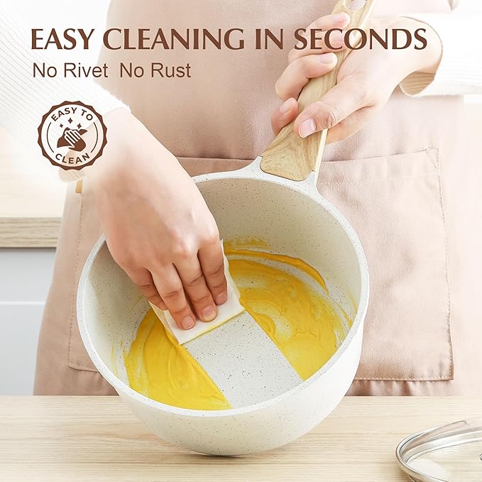 SENSARTE White Ceramic Nonstick Saucepan with Lid Set, Small Cooking Pot with Stay Cool Handle, Induction Compatible Saucepot, White Granite Coating, PFOA/PFAS Free, 2.0 + 2.5QT