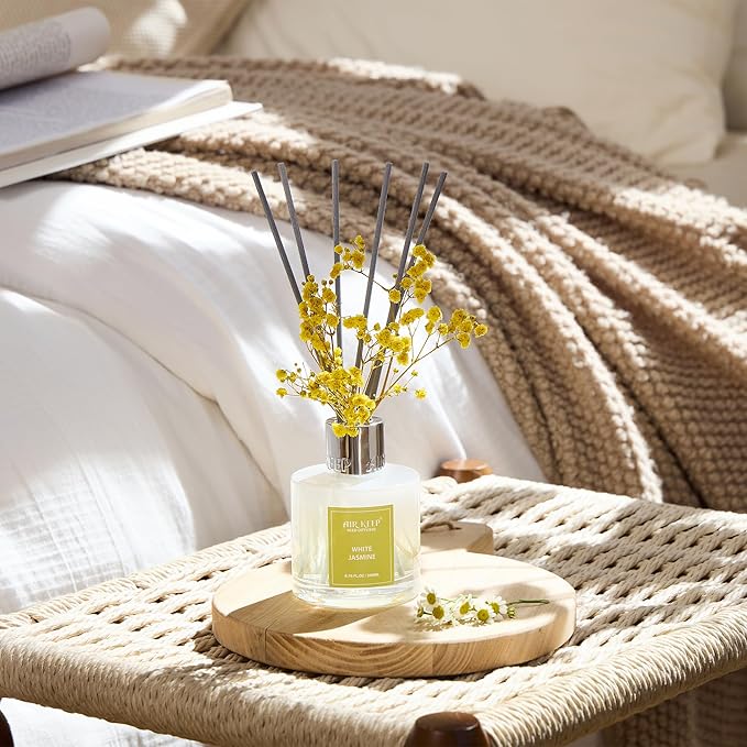 Airkeep Reed Diffuser Set,6.76 fl oz (200 ml) - White Jasmine Oil Diffusers with 8 Reed Sticks, Home Fragrance Reed Diffuser for Bathroom Shelf Decor