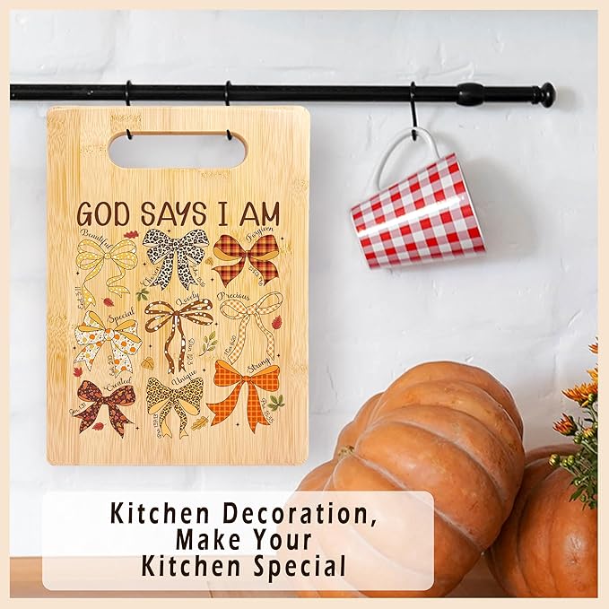 SPBL&L God Says I Am Christian Fall Cutting Board, Christian Kitchen Decor, Coquette Bow Autumn Thanksgiving Decorative Bamboo Cutting Chopping Board for Kitchen