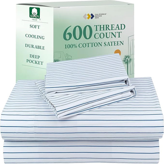 California Design Den Printed Striped Bed Sheets King Size Set - 600 Thread Count, 100% Cotton Sateen, Premium Deep Pocket King Sheet Set - Classic Blue Stripe Print