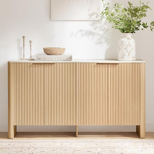 CHITA 61" Sideboard Buffet Cabinet with Storage, Living Room Accent Cabinet with Doors and Adjustable Shelves, for Bar, Kitchen, Oak - Faux Marble