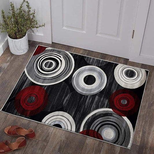 Geometric Area Rug Washable Modern 3x5 Red Black White Rugs for Living Room Bedroom Circle Geometric Soft Non Slip Floor Large Carpet for Entryway Bathroom Office